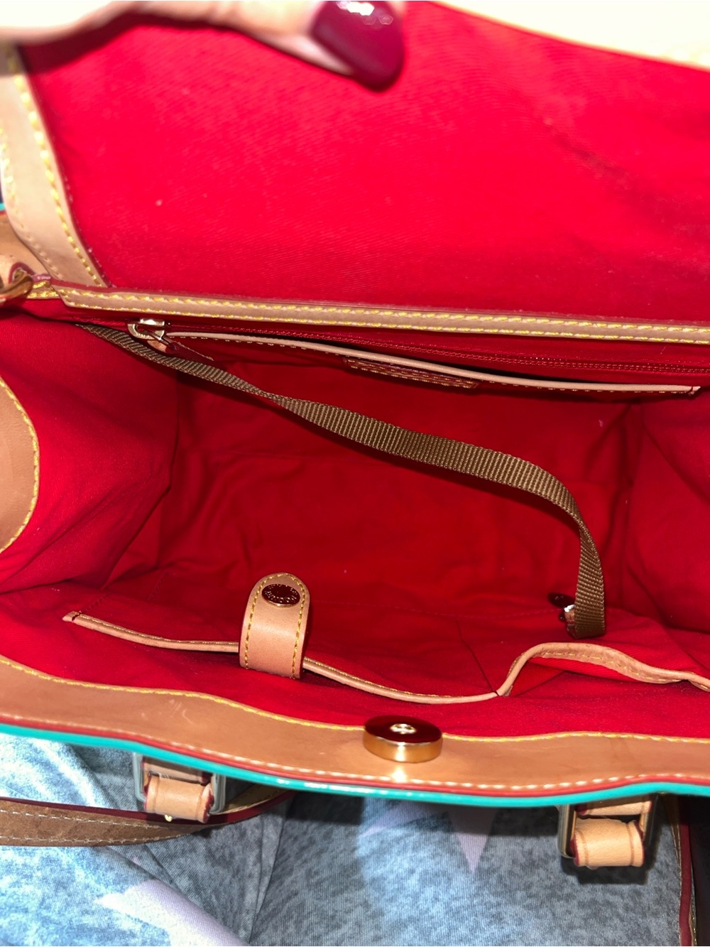 EUC Dooney & Bourke Janine Dark Teal Patent Leather Satchel with Tan Trim - Picture 3 of 4